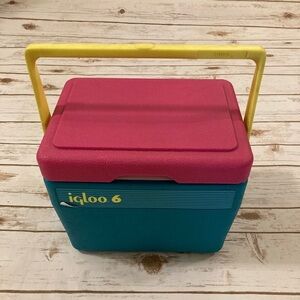 VTG Retro Igloo 6 Cooler Neon Teal Pink Yellow Ice Chest Lunch Box